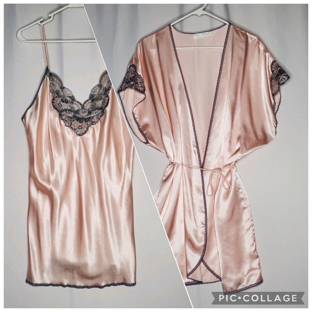 Val Mode Lingerie Robe Camisole Nighty Set Large Pink Satin Gray Lace Tie Bride